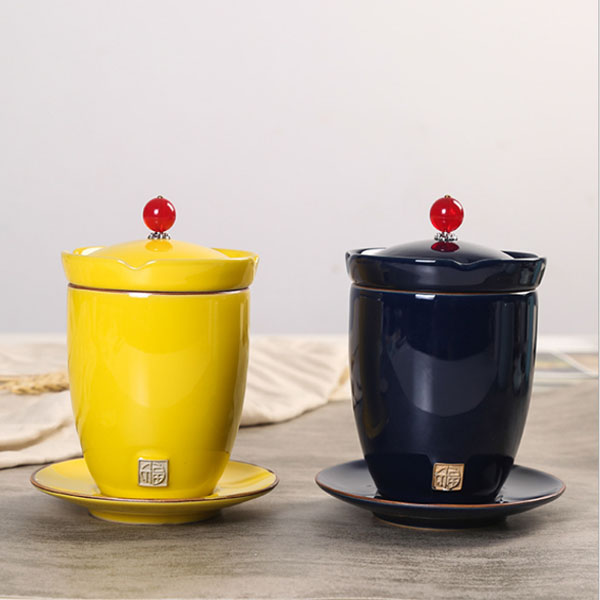 陶瓷水杯杯子个人杯办公杯四件套茶漏快客杯内胆过滤茶杯logo定制