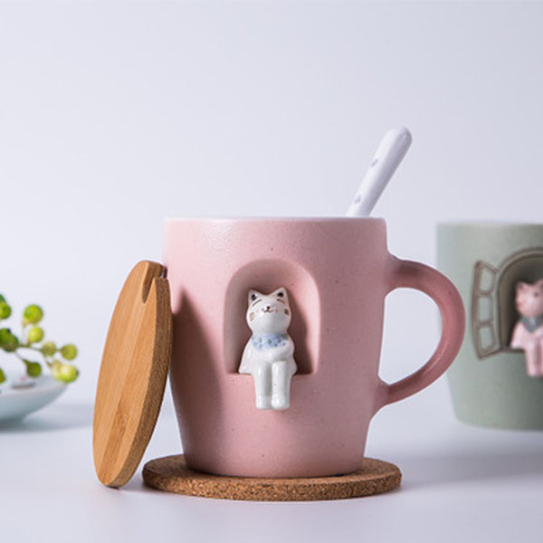 3d立体手绘动物杯景德镇创意卡通猫咪陶瓷杯子咖啡杯马克杯带盖勺