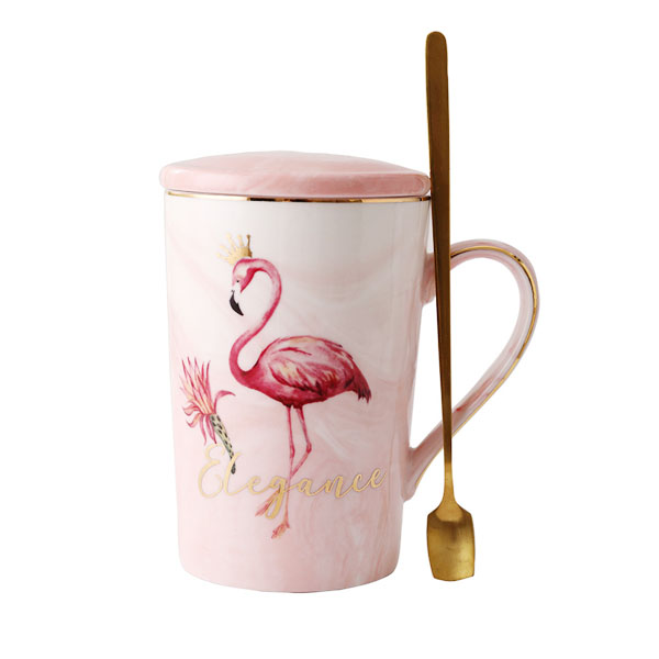陶瓷马克杯ins粉色少女心大理石纹杯子北欧情侣水杯咖啡杯带盖勺可定制