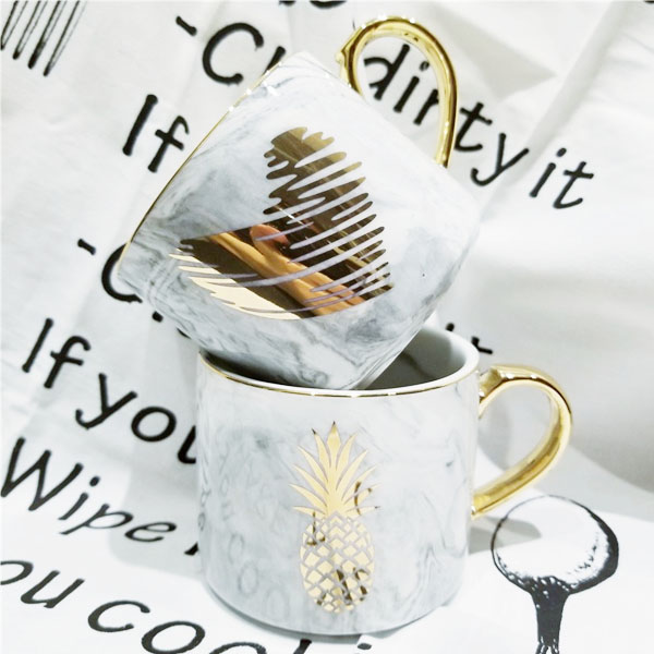 金柄大理石纹路陶瓷水杯咖啡杯 金色爱心菠萝马克杯情侣杯可定制
