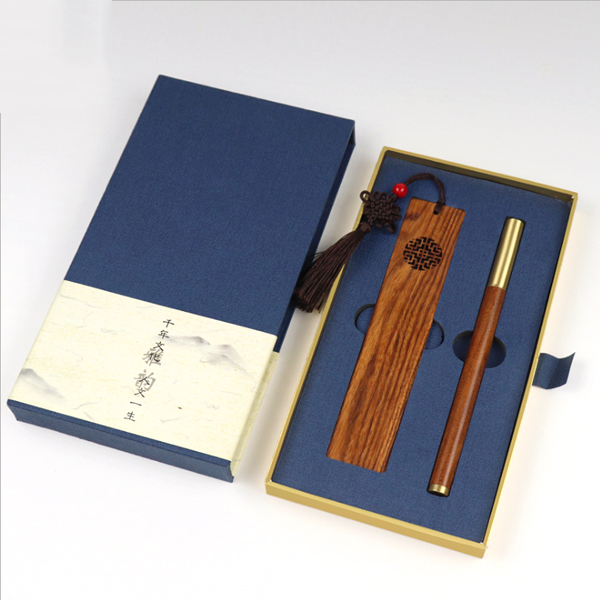中国风红木质紫光檀书签黄铜檀木签字笔两件套装定制礼品