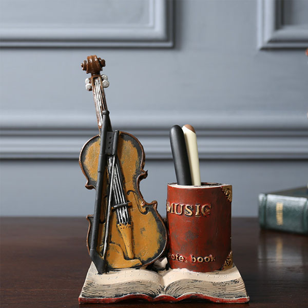 美式复古小提琴个性笔筒摆件创意桌面书房办公室装饰品小摆设品