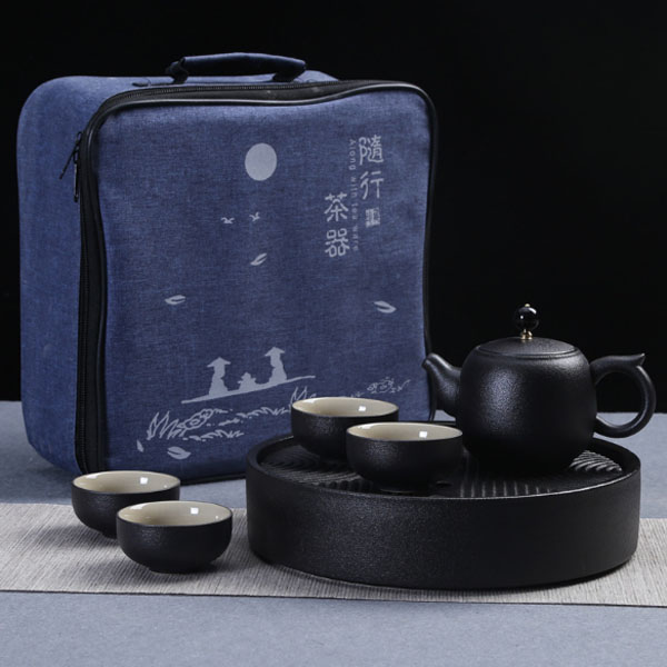  黑陶茶壶茶杯功夫茶具套装 户外旅行干泡台茶盘陶瓷套组