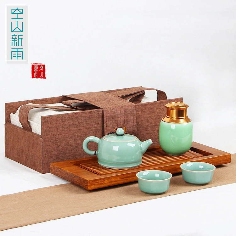 高档龙泉青瓷茶具 一壶两杯便携式旅行茶具 高档商务礼品套装定制