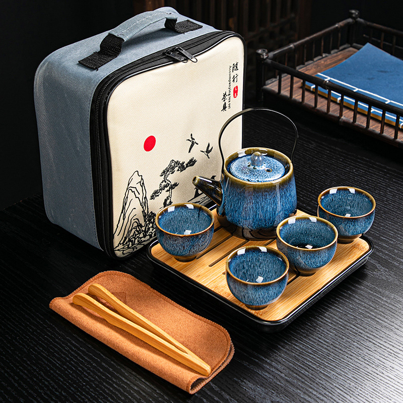 创意窑变红拉丝小提梁壶 家用商务日式茶具套装 陶瓷礼品定制