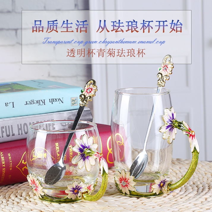 创意珐琅彩水杯 水晶耐热玻璃杯 花茶杯子 防烫礼品杯定制logo