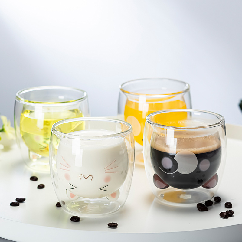 卡通双层果汁玻璃杯 耐热双层杯 隔热咖啡杯 礼品定制猫猫熊熊杯