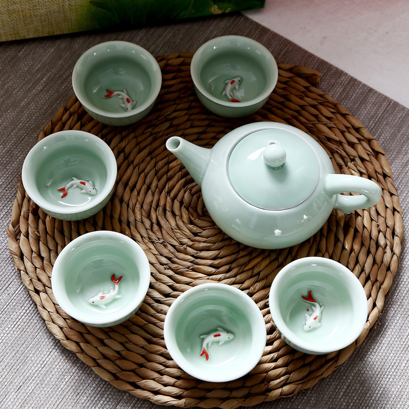 青瓷鱼杯茶具套装会销创意礼品赠品定制德化功夫茶具套装陶瓷茶壶
