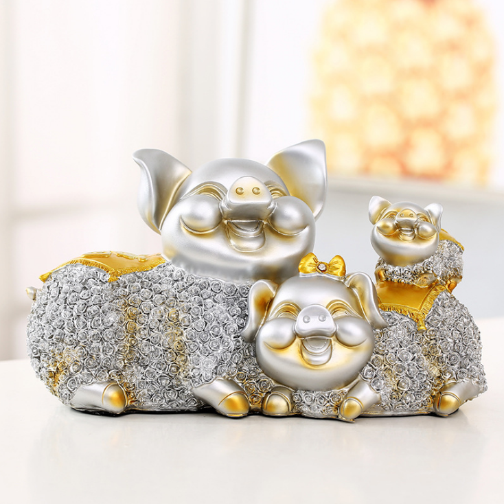 树脂工艺品欧式金色大号幸福猪摆件创意礼品客厅家居新年装饰品