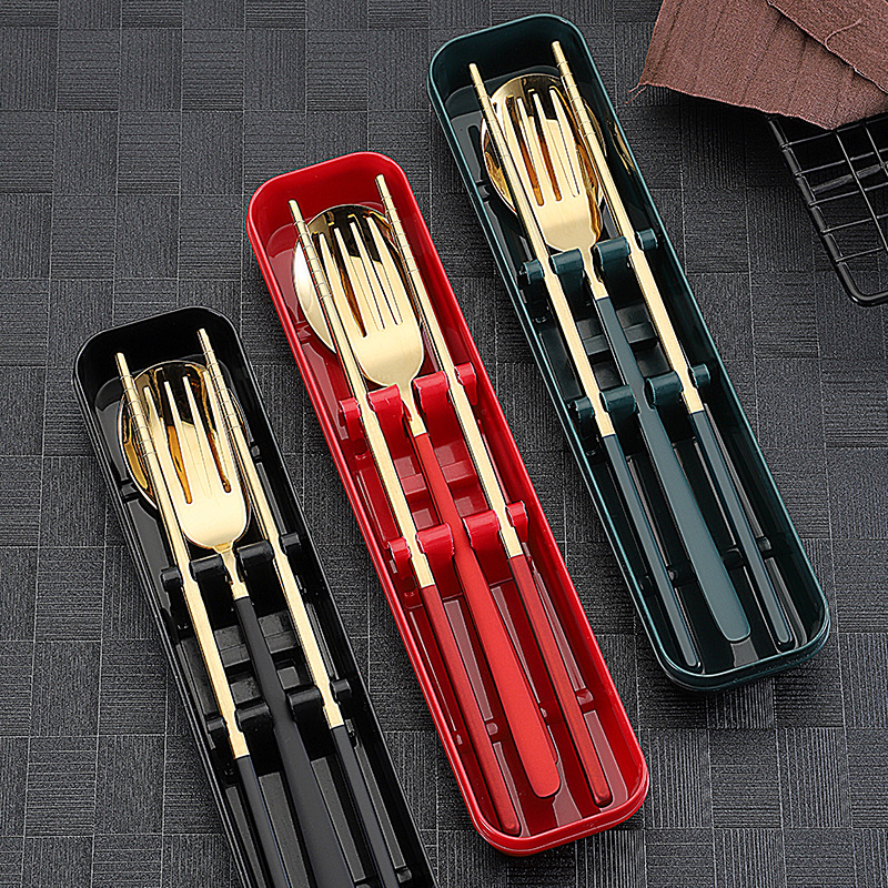 不锈钢便携餐具套装 儿童叉勺筷子三件套 创意定制logo收纳盒