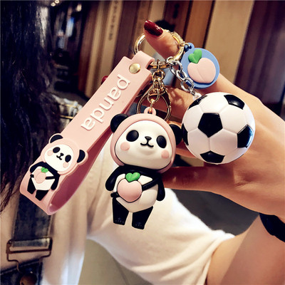 可爱书包熊猫公仔pvc钥匙挂件 创意足球小熊钥匙扣挂饰礼品