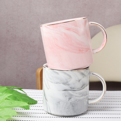 大理石纹杯陶瓷马克杯带盖喝水杯子