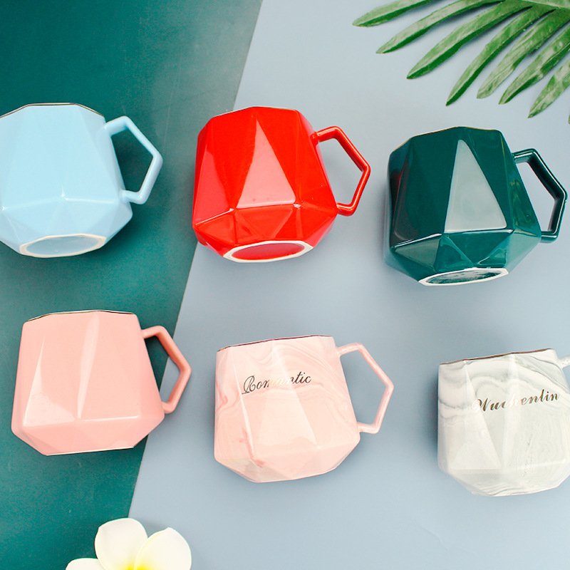 北欧ins简约个性马克杯陶瓷杯 大理石纹陶瓷钻石杯咖啡杯