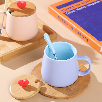 创意陶瓷马克杯 家用带盖勺咖啡杯办公室水杯马卡龙色情侣杯