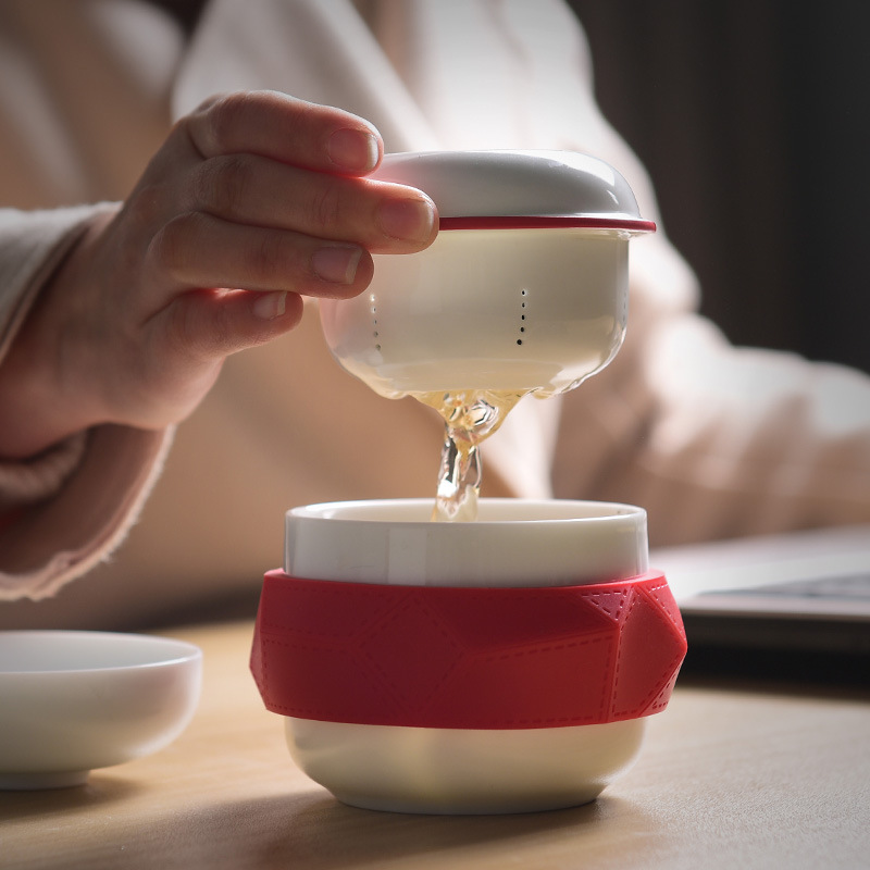 旅行车载便携式茶具 办公室泡茶杯 带盖过滤陶瓷茶杯 单人喝茶杯