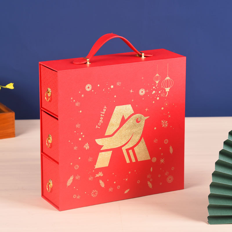 春节年货创意三层手提抽屉包装盒 虎年手提式三层礼盒定制
