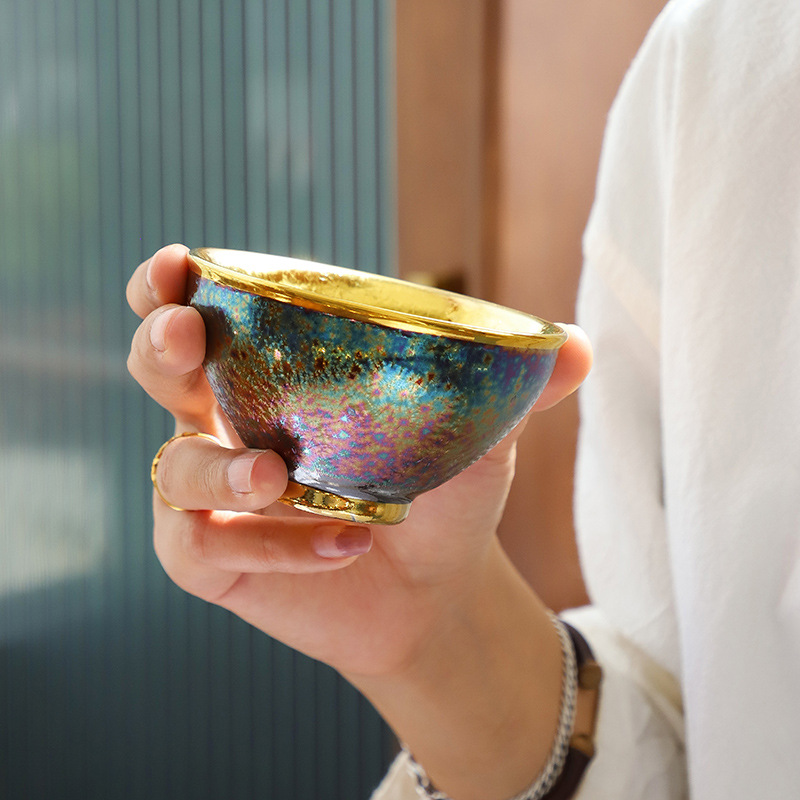  钧窑孔雀鎏金建盏闻香茶杯主人杯个人单杯品茗杯陶瓷功夫茶具茶盏