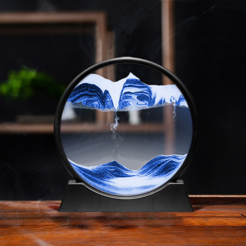  新款简约3D山水流沙画圆形玻璃工艺品沙漏创意礼品摆件一件代发