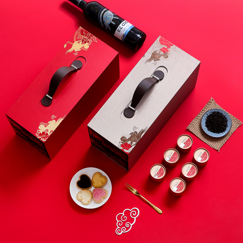  端午節現貨雙層紅酒盒茶葉葡萄酒包裝盒鐵觀音小鐵罐茶包裝禮盒