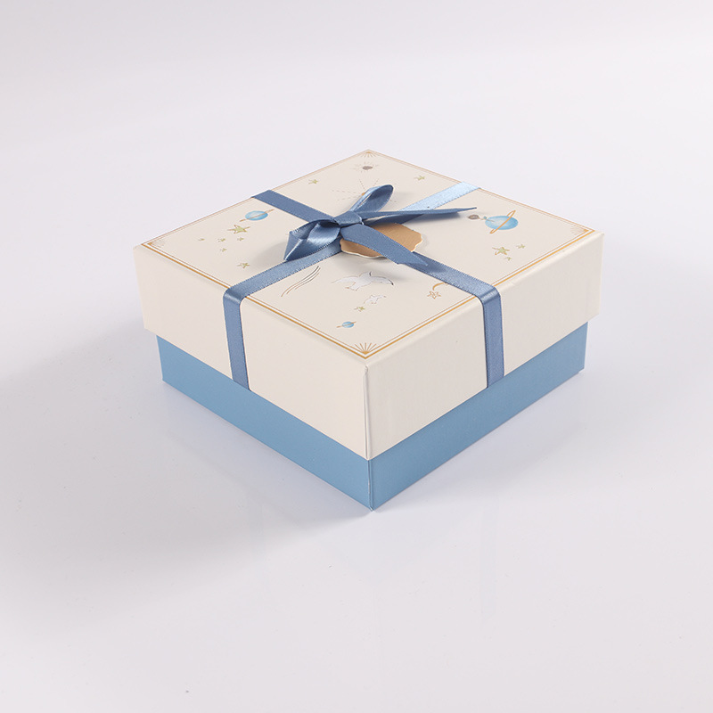 高档简洁蝴蝶结丝带礼盒定制 欧美ins风天地盖礼品盒 蓝色精美包装盒