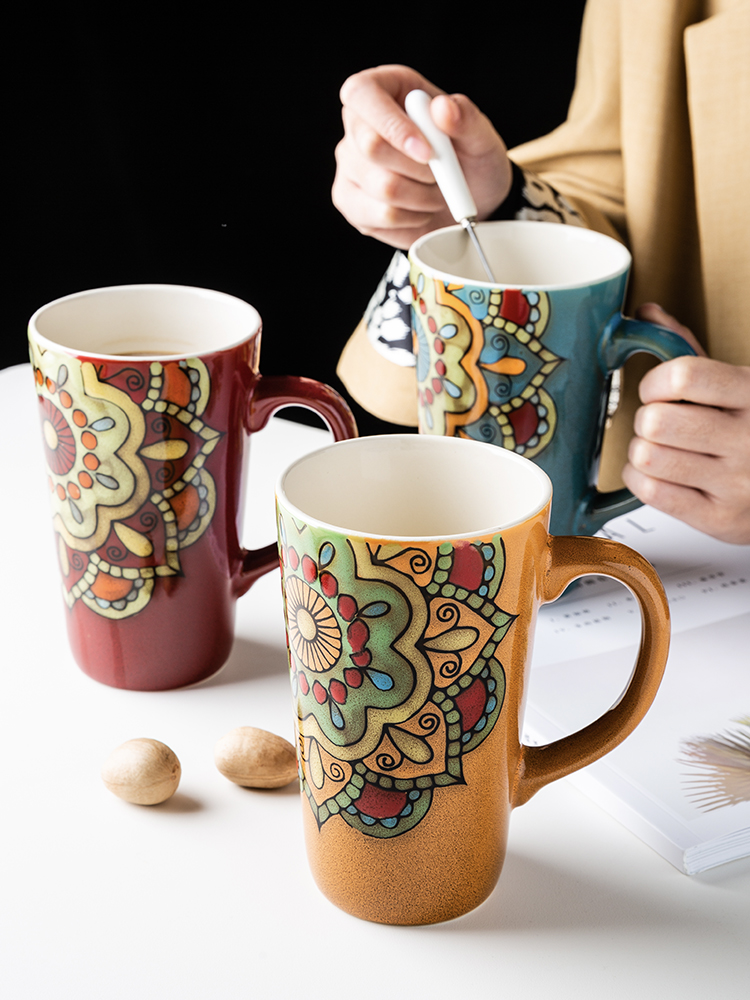 马克杯大容量陶瓷杯子带盖勺复古风手绘咖啡杯女办公室家用喝水杯 