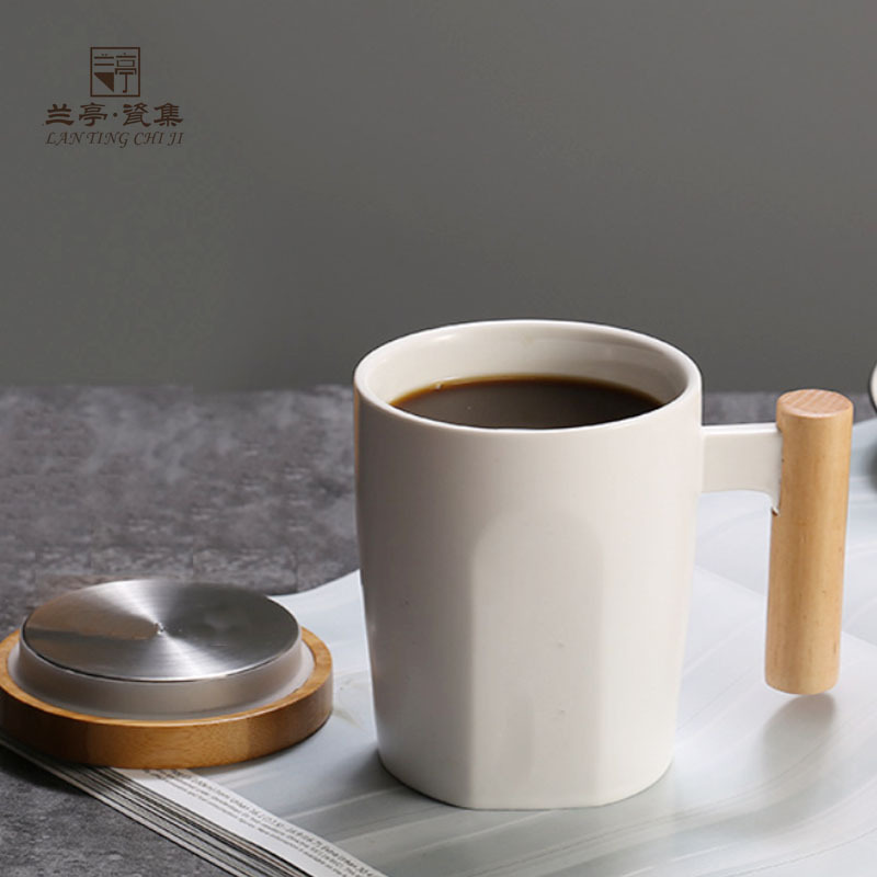 創意杯子陶瓷馬克杯木柄咖啡杯辦公室水杯帶蓋黑白情侶杯商務禮品