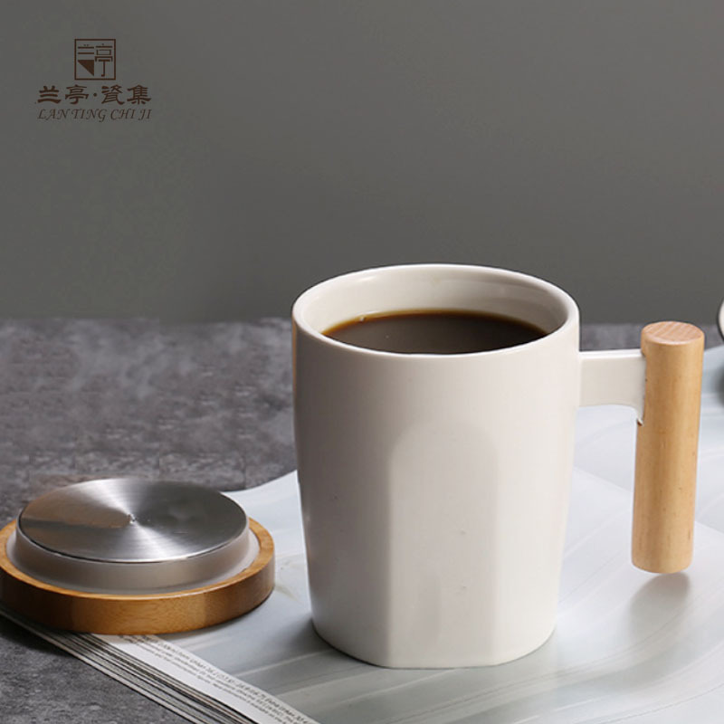 创意杯子陶瓷马克杯木柄咖啡杯办公室水杯带盖黑白情侣杯商务礼品