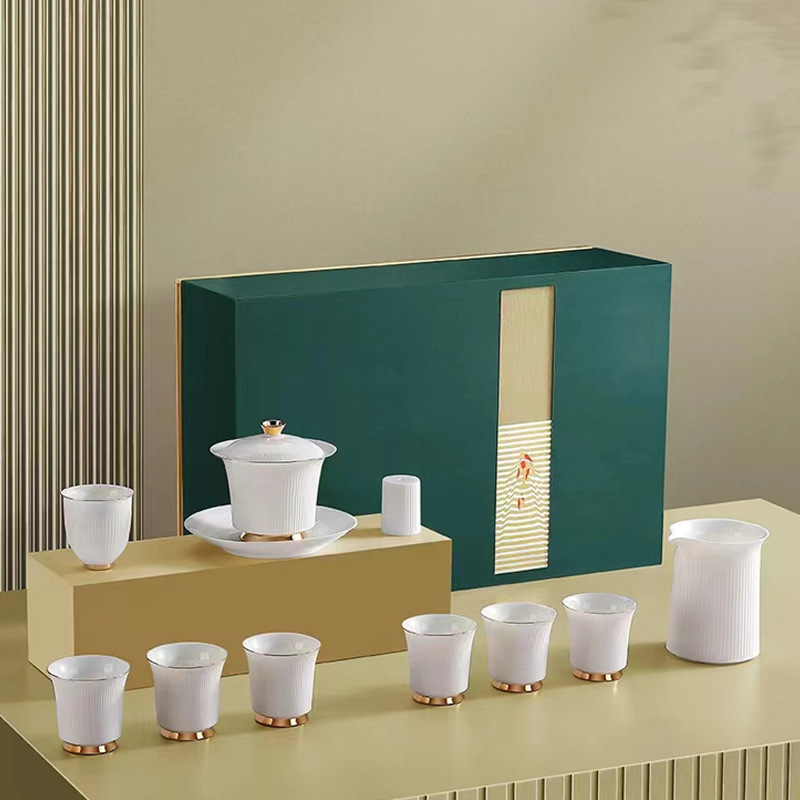羊脂玉功夫茶具套裝家用蓋碗茶杯茶具中式簡約高檔禮盒裝商務禮品