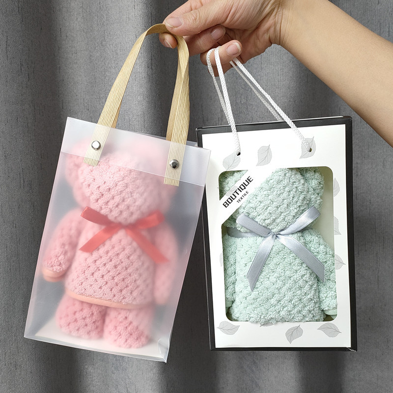 小熊造型毛巾經編珊瑚絨菠蘿格柔軟吸水節日伴手禮品喜鋪婚慶禮物