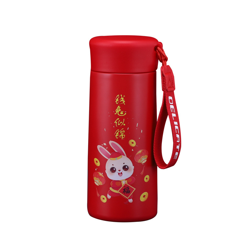 開門紅兔年保溫杯 年會(huì)國(guó)潮316不銹鋼禮品杯子紅色新年禮盒保溫杯