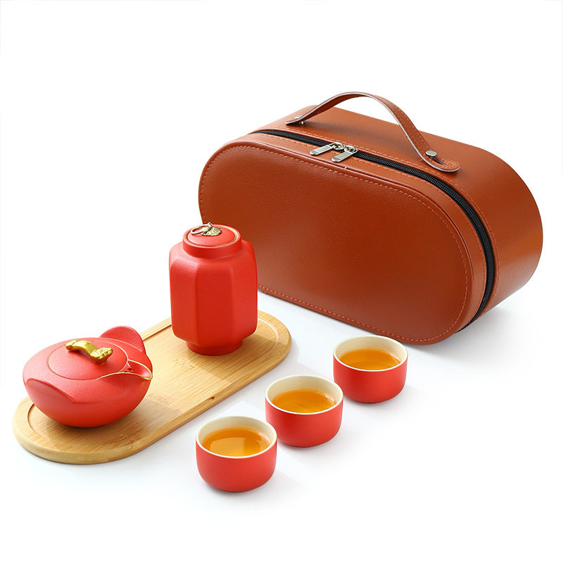 新春红如意旅行茶具套装简约户外便携式陶瓷茶具礼盒