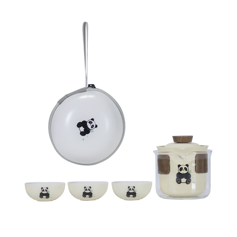 奶油風(fēng)便攜式熊貓茶具套裝旅行茶具泡茶壺快客杯戶外露營(yíng)喝茶裝備